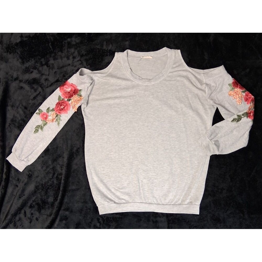 Hummingbird Cold Shoulder Embroidered Flowers Long Sleeve Sweater XS Gray Boho